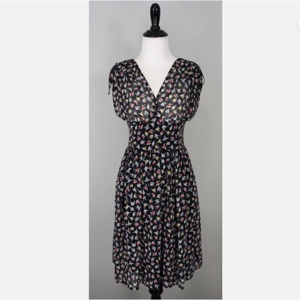 ZARA BASIC Sleeveless Ink Blue/Black Bird Print Chiffon Knee Length Dress XS